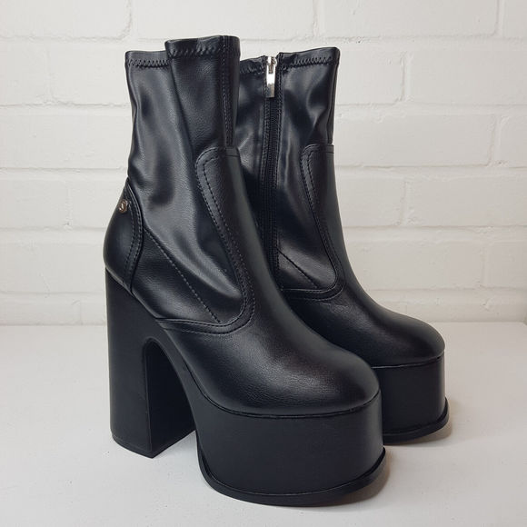 Shoes - Shellys Nova Platform Boots EU 38 UK 5 Black Sock Vegan PU Party Statement BN